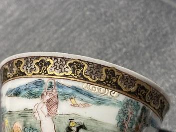 A Chinese famille rose 'harvesting' cup and saucer, Yongzheng