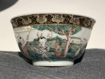 A Chinese famille rose 'harvesting' cup and saucer, Yongzheng