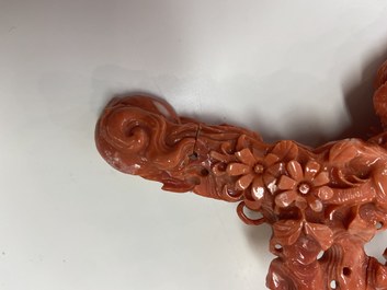 A Chinese carved red coral 'Guanyin' group, 19/20th C.