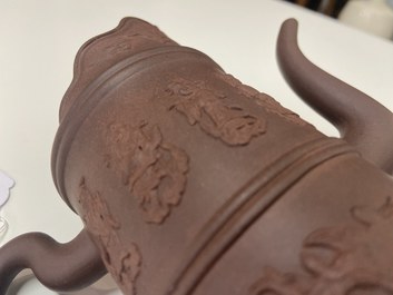 A Chinese Yixing stoneware 'Duomuhu' ewer with immortals, Kangxi