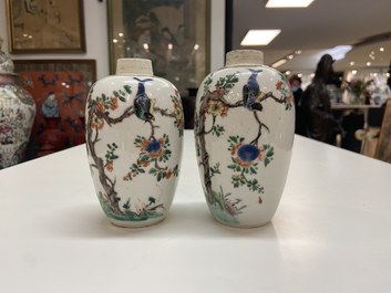 A pair of Chinese famille verte jars with birds among blossoming branches, Kangxi