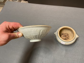 A Chinese junyao tripod censer and a qingbai 'lotus' bowl, Song