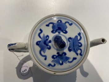 A Chinese blue and white 'antiquities' teapot and cover, Kangxi