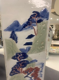 A Chinese blue and white, celadon and copper-red tapering square vase with landscape panels, Kangxi