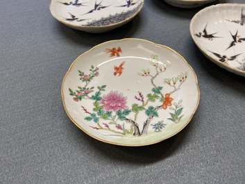 Seven Chinese famille rose saucers, a teapot and a covered box, 19th C.