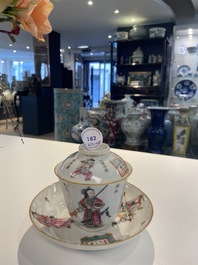 Une tasse couverte et soucoupe en porcelaine de Chine famille rose &agrave; d&eacute;cor 'Wu Shuang Pu', marque et &eacute;poque de Daoguang