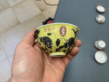 A Chinese Dayazhai yellow-ground bowl and two seal paste boxes, 19th C.