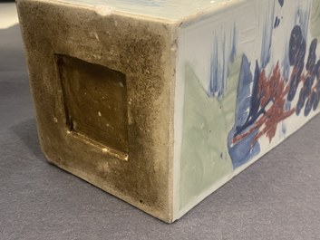 A Chinese blue and white, celadon and copper-red tapering square vase with landscape panels, Kangxi