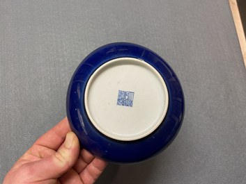 A Chinese monochrome blue dish, Qianlong mark and of the period