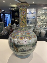A Chinese famille rose bottle vase with dogs, Qianlong mark, Republic