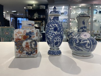 Two Chinese blue and white cups, a covered vase, a kendi and an Imari-style tea caddy, Wanli and Kangxi