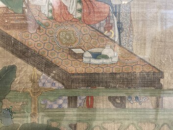 Chinese school, after Li Gonglin, ink and color on silk: 'Lady at her dressing table on a terrace', 17/18th C.