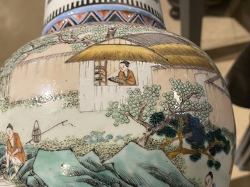 A Chinese famille verte 'yenyen' 'rice production' vase and a large blue and white 'peacock' dish, 19th C.