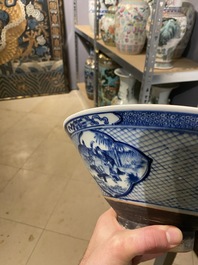 A pair of Chinese blue and white bowls and a famille verte vase, 19th C.