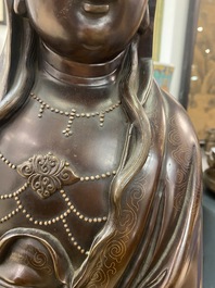 An exceptionally large Chinese silver-inlaid bronze figure of Guanyin, Yutang Shi Sou mark, Qing