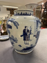 A Chinese blue and white vase with narrative design on wooden stand, Transitional period