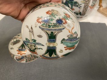 A pair of Chinese famille verte jars and covers, Kangxi