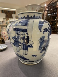 A Chinese blue and white vase with narrative design on wooden stand, Transitional period