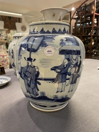 A Chinese blue and white vase with narrative design on wooden stand, Transitional period