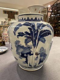 A Chinese blue and white vase with narrative design on wooden stand, Transitional period