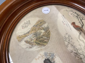 Chinese school, ink and color on textile fan leaf: 'Birds and a mountainous landscape', 19/20th C.