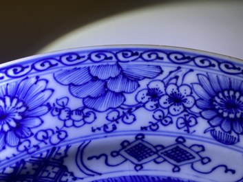 Three Chinese blue and white and famille rose dishes, Kangxi/Yongzheng