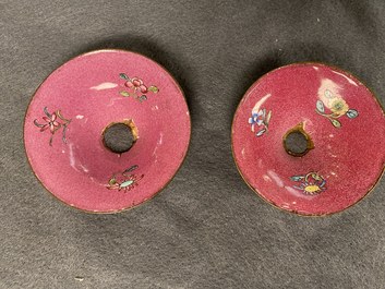 A Chinese ruby-ground Canton enamel teapot and a pair of covered bowls, Qianlong/Jiaqing