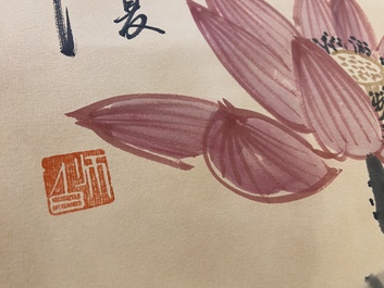 Lou Shibai (1918-2010), inkt en kleur op papier: 'Lotusbloemen'