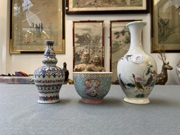 A Chinese famille rose vase, a 'dragon' bowl and a wucai vase, Republic