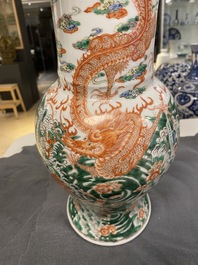 A Chinese famille verte 'yenyen' vase with a dragon and carps, Kangxi mark, 19th C.