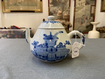 A Chinese blue and white 'antiquities' teapot and cover, Jiajing mark, Kangxi