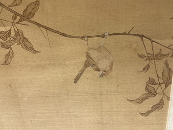 Sun Jia Shou (20e eeuw), inkt en kleur op zijde: 'Bloesemtakken met vogels en insecten', gedat. 1936