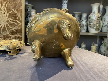 A large Chinese bronze censer and cover on stand with sea animals and shells, Qing