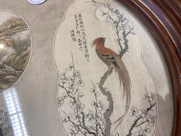 Ecole chinoise, encre et couleurs sur textile d'&eacute;ventail: 'Deux oiseaux et un paysage montagneux', 19/20&egrave;me