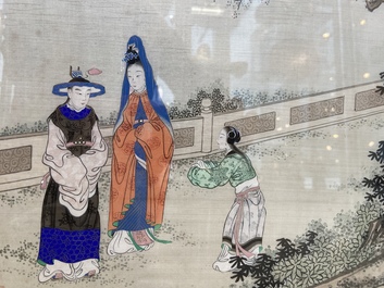 Chinese school, ink and color on silk: 'Two scenes with ladies near a river', 19th C.