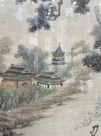 Chinese school, ink and color on silk: 'Two scenes with ladies near a river', 19th C.