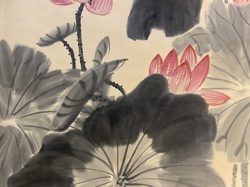 Lou Shibai (1918-2010), ink and color on paper: 'Lotus flowers'