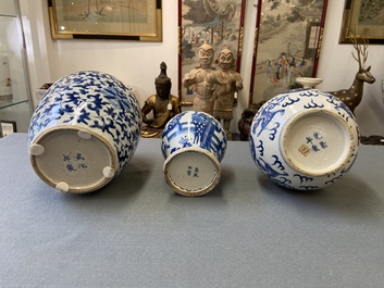 Three Chinese blue and white vases, 19th C.