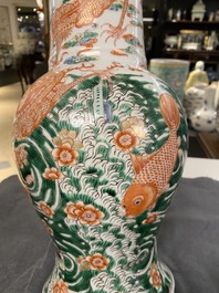 A Chinese famille verte 'yenyen' vase with a dragon and carps, Kangxi mark, 19th C.