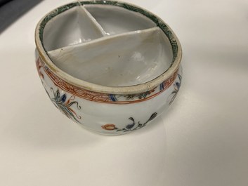 A Chinese doucai bowl, a famille verte spice box and a wucai tea caddy, Kangxi and later