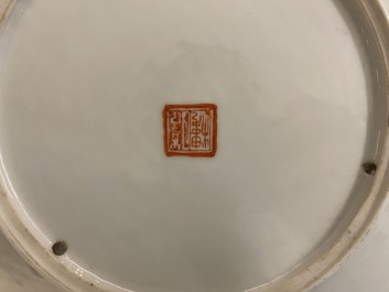 A pair of Chinese famille rose plates with ladies in a garden, seal mark, Republic