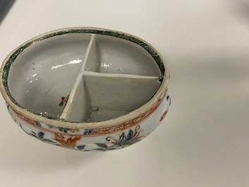 A Chinese doucai bowl, a famille verte spice box and a wucai tea caddy, Kangxi and later