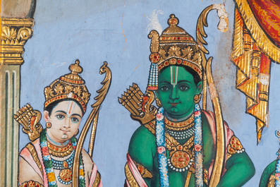 Ecole de Thanjavour, Inde du Sud: 'Vishnu', pigments et dorure sur papier, 19&egrave;me