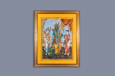 Ecole de Thanjavour, Inde du Sud: 'Vishnu', pigments et dorure sur papier, 19&egrave;me