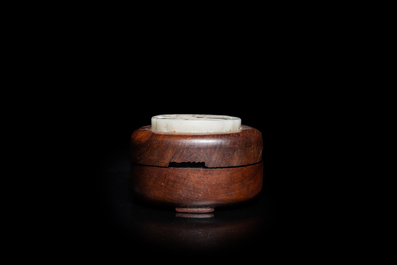 A Chinese wooden box and cover with a white jade 'quail' plaque, 18/19th C.