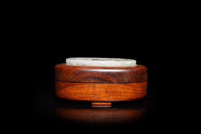 A Chinese wooden box and cover with a white jade 'quail' plaque, 18/19th C.