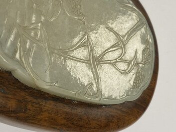 A Chinese wooden box and cover with a white jade 'quail' plaque, 18/19th C.