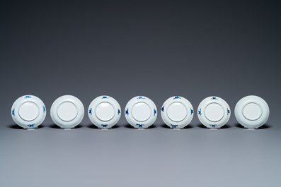 Seven Chinese blue and white cups and saucers, Kangxi