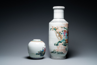 A Chinese famille rose 'immortals' vase and a jar with a lady and boys in a garden, Qianlong mark, Republic