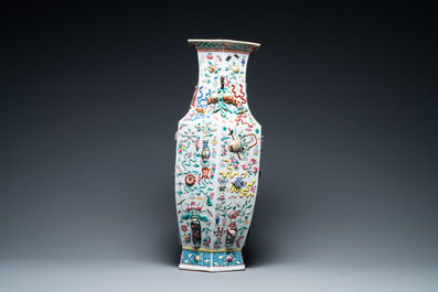 A Chinese hexagonal famille rose 'antiquities' vase, 19th C.